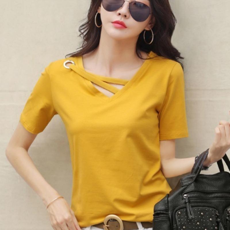 T-shirt à manches courtes et col en v pour femme, haut ample et fin, été