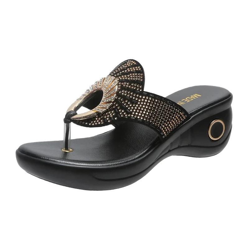 2025Retro Ladies  Summer New Platform Wedge Rhinestones Flip-flops Sandals Fashion Comfy High Thick Heel