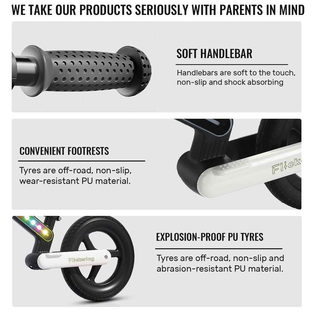 Ubravoo Rower dziecięcy Fit in Joy, 30CM/12 cali, lekki, nylonowy rower dziecięcy z ramą oświetleniową LED, rower treningowy bez pedałów dla dzieci w wieku od 3 do 7 lat