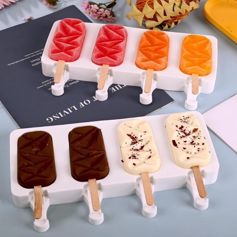 Silicone Ice Cream Maker 4 Cavities Popsicle Mold with Wooden Sticks Oval Cake Chocolate Baking Tools Reusable Dessert Molds