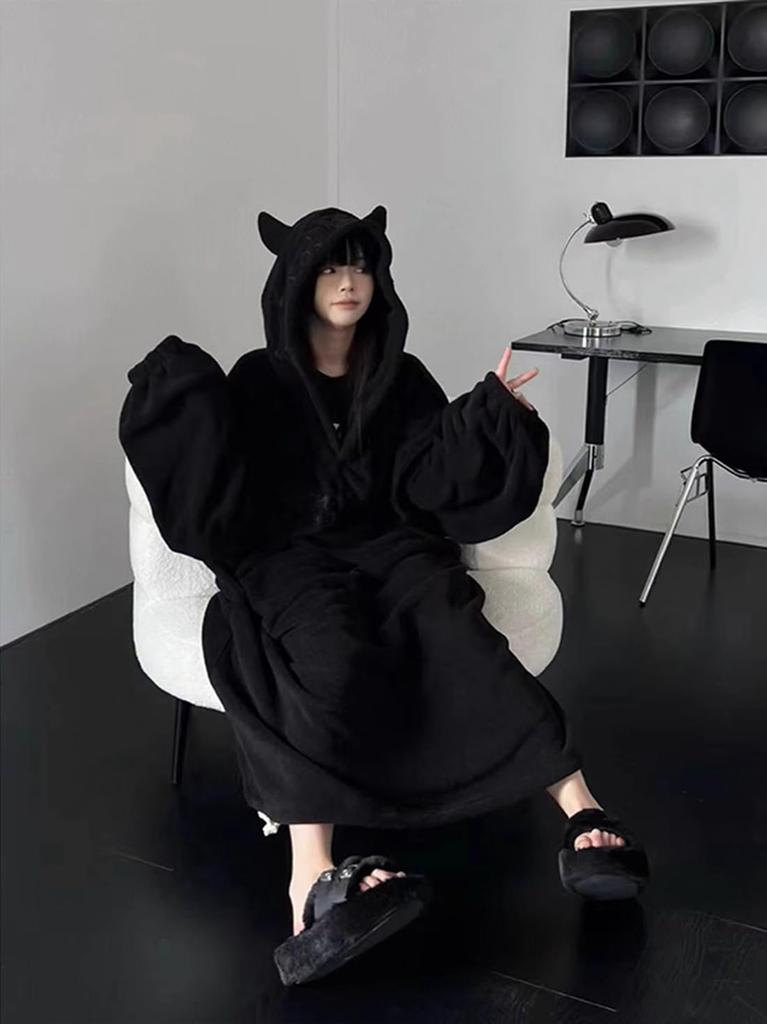 Rayiisuy Pajama Thick Long Little Devil Perfect for Fall and Cold Weather Protection Women's Blanket, Fleece-Lined Loungewear, All-in-One, Sleeves,