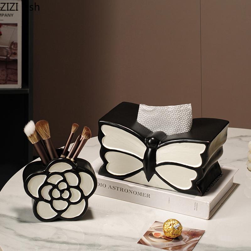 Black and White Butterfly Decorative Tissue Box Coffee Table Desk Decoration Ceramic Tissue Box Bedside Table Paper Towel Case