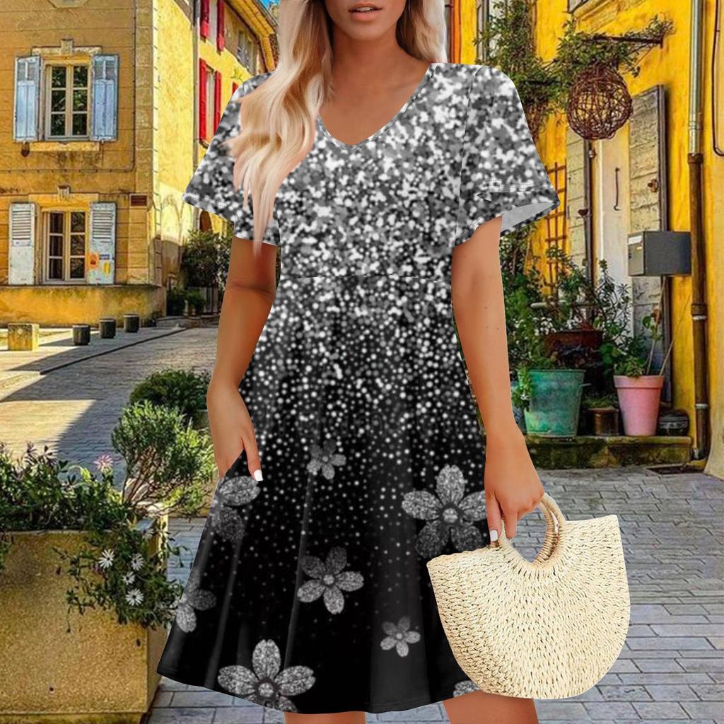 Women Summer Dress Casual Swing Floral Ruffle Short Sleeve Sundresses Beach  A-line  Dress  With Pockets