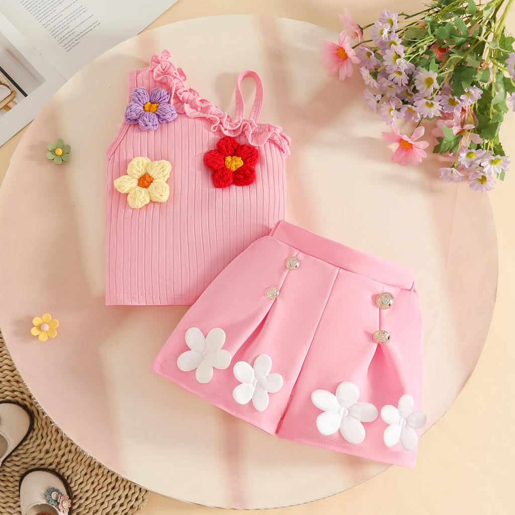 2026 Summer Cross-border Sweet 0-3 Year Old Girls Sleeveless Shoulder Strap Flower Pit Strip Top + Shorts Set