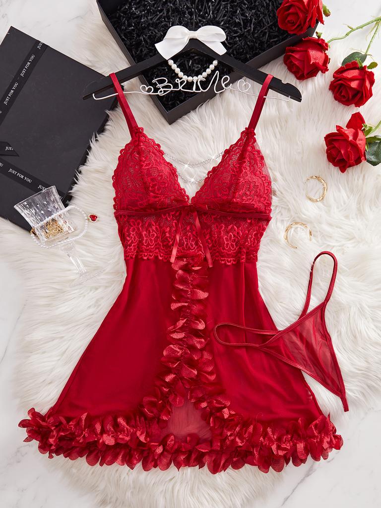 Transparent Lace Flower Trim Lingerie Set Deep V Teddies Babydoll Dress & Thong Women's Sexy Lingerie Erotic Underwear