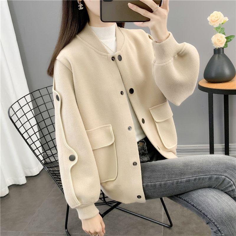 Baseball Uniform Jacket for Women Versatile Thickened Loose Autumn and Winter Solid Color Button Long-sleeved Cardigan Top
