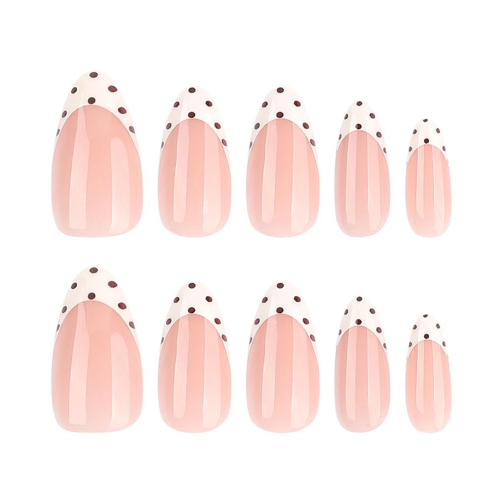 Le Fan Simple French White Almond Wearable Nails with Black Polka Dot Art.