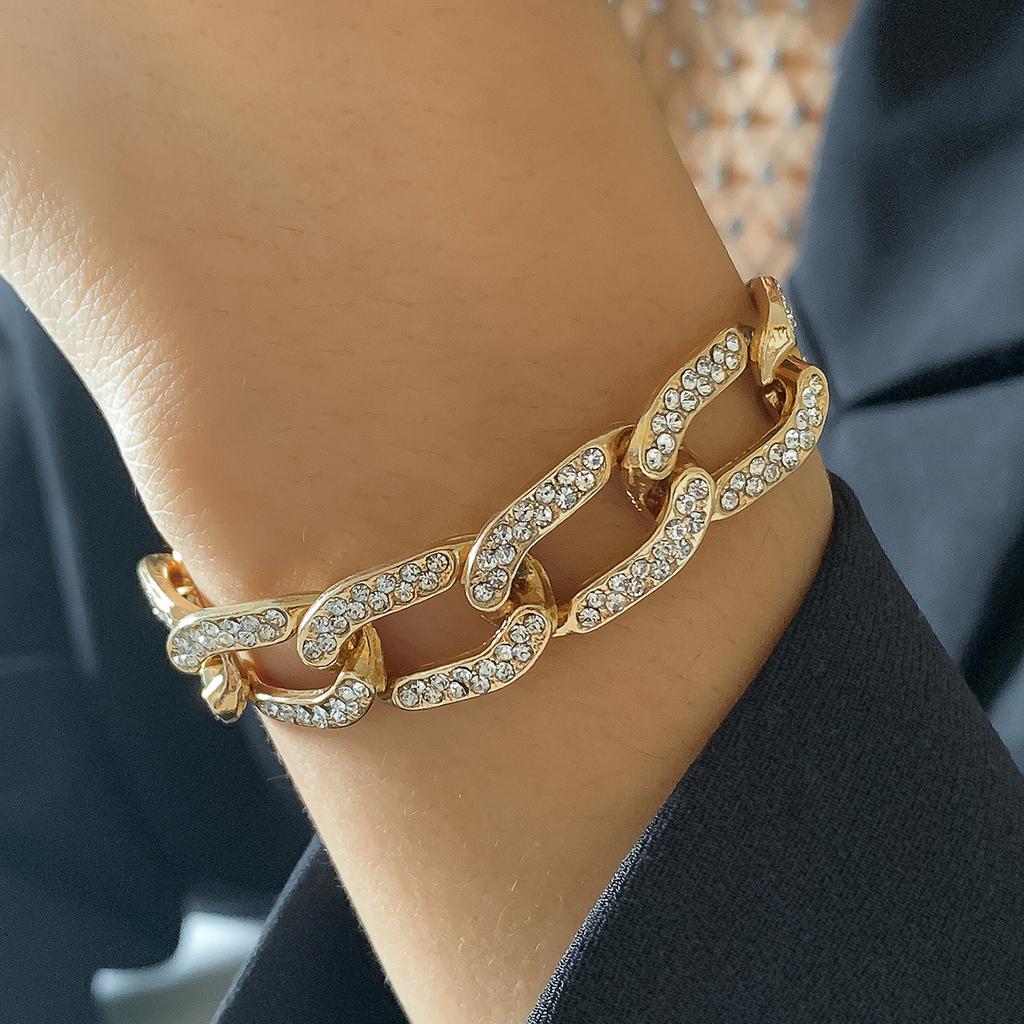 Accessories, Hip Hop Full Diamond Cuban Chain Necklace Women, Punk Simple Rhinestone Metal Chain Necklace