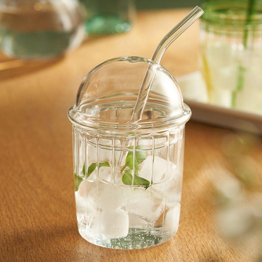 Clear Glass Straw Cup Dome Lid Drinking Cup Drinkware Milk Tea Cup  Coffee