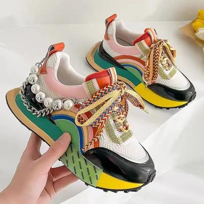 Klobige, atmungsaktive Mesh-Wedges für Damen, lässige Sneakers, modische, gemischte Farben, Metallkette, Perlenschnur, Damen-Plateau-Laufschuhe