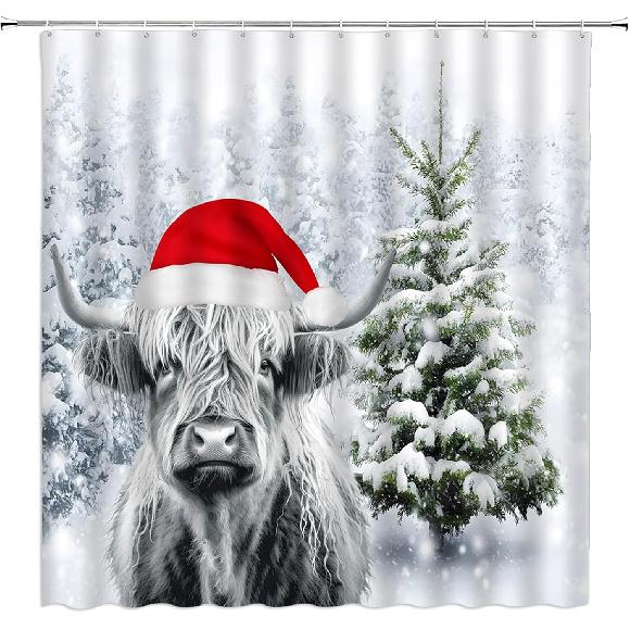 Christmas Shower Curtain Winter Highland Cow Xmas Tree Forest Holiday Rustic Farmhouse Bathroom Decor Curtain with Hooks,Gray Red Green