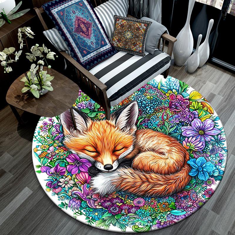 Sleeping Fox Round Area Rug,Carpet Rug for Living Room Bedroom Sofa Playroom Decor,Non-slip Floor Mat