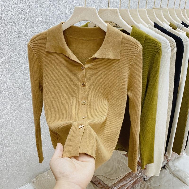 

Design Sense V-образный вырез с длинными рукавами вязаный свитер женский осенне-зимний полуоткрытый воротник топ базовый свитер L дубильная кора