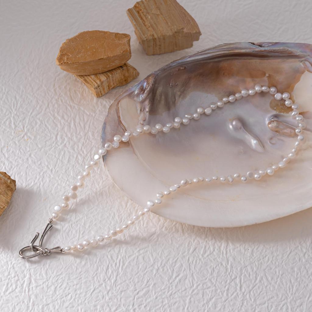 [Zynzonis] Freshwater Pearl Necklace for Women, Small Pearl Choker, 40–42cm, Silver Clasp, Nickel-Free, Layering, Gift