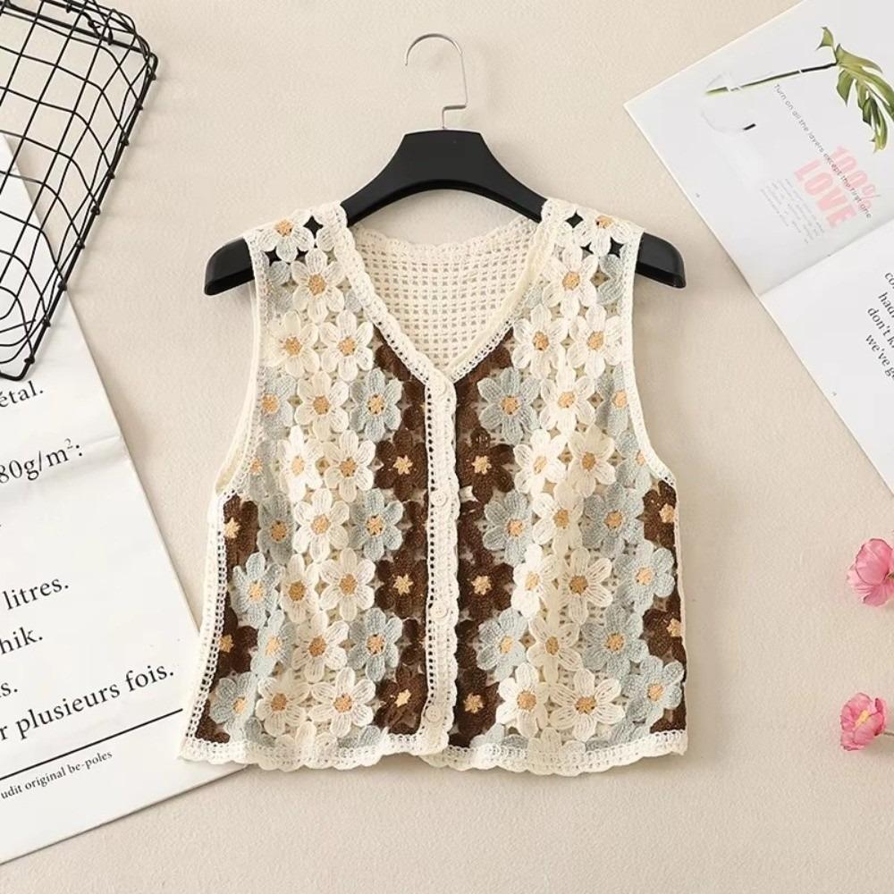 Button-up Sleeveless Jacket Colorful Floral Waistcoat Top 2026 Openwork Vest  Short Cardigan