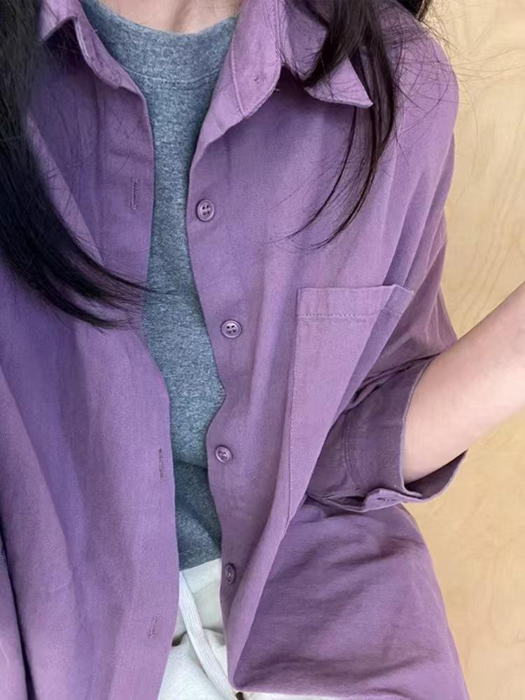 Women's Blue Cotton Shirt - Fresh, Loose, Versatile, Slimming, Petite Fit for Spring & Autumn Wear