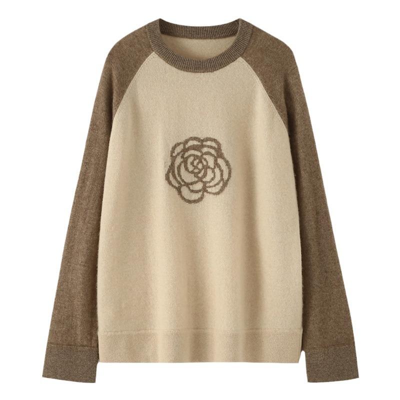

Round Neck Color-blocking Embroidered Cashmere Sweater for Women In Autumn and Winter Style Fashionable and Versatile Sweater M