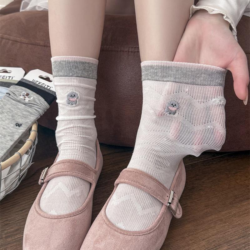 

Girls Sleeveless Mid-Calf Socks: Color-Block, Cotton, Cartoon Puppy Embroidery, Slouchy, Spring & Summer Trend. High Quality/Pure Cotton Socks серый/белый