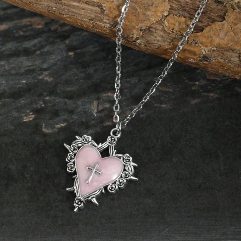 Gothic Y2K Subculture Black Heart Bow Thorn Flower Cross Heart Pendant Necklace Subtle Design Choker Necklace