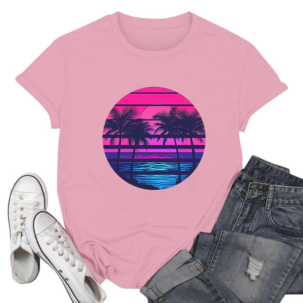 Women's Fashion Casual Printed Short Sleeve Round Neck Pullover Tops