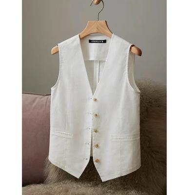 Women's White Linen Blend V-Neck Button Front Waistcoat Casual Vest Gilet