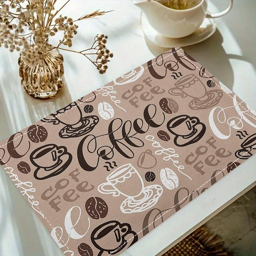 4/6pcs Coffee-Themed Placemats with Coffee Cup and Coffee Bean Patterns, Suitable for Cafes, Home Breakfast, and Afternoon Tea Scenes, 12×18 Inches