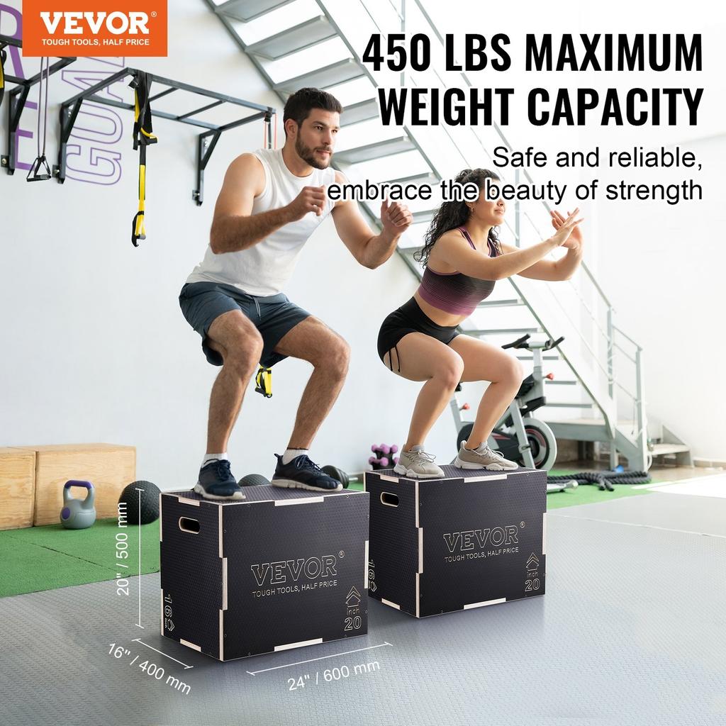 3 In 1 Plyometric Jump Box, 24/20/16 Inch Wooden Plyo Box, Platform & Jumping Agility Box, Anti-Slip Fitness Exercise Step Up Box for Home Gym