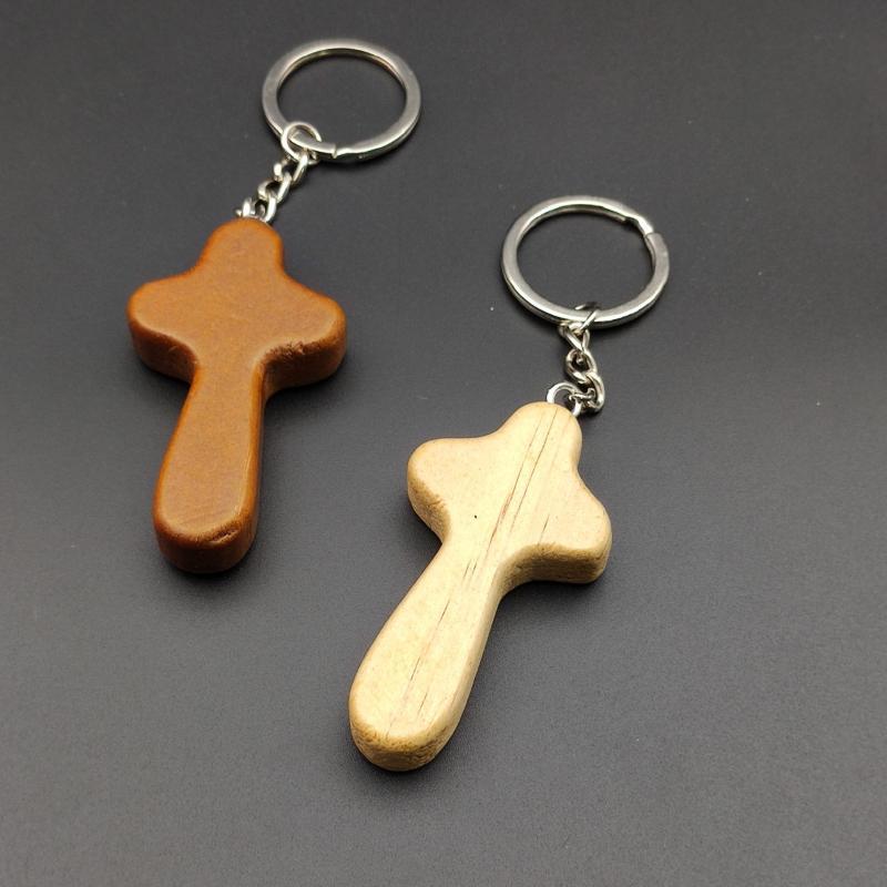 Unique Design Cross Wooden Keyrings Eco-friendly Natural Wood Keychains for Women Men Backpack Car