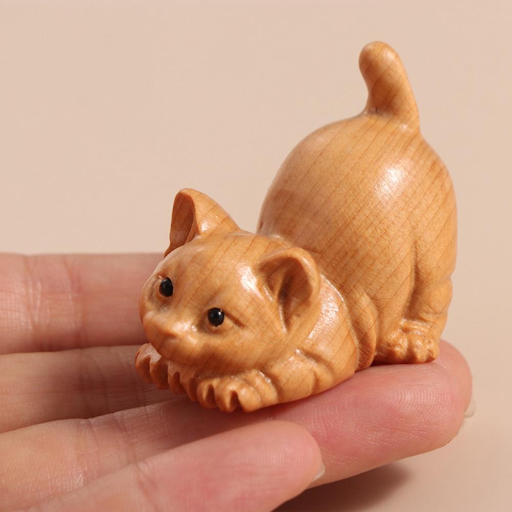 Hand-carved Cat Sculpture Handmade Tea Pet Desktop Decor Animal Figurine  Table