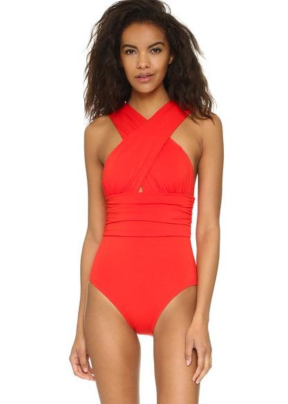 Solid color bikini swimsuit sexy deep V cross strap one-piece wind S красный