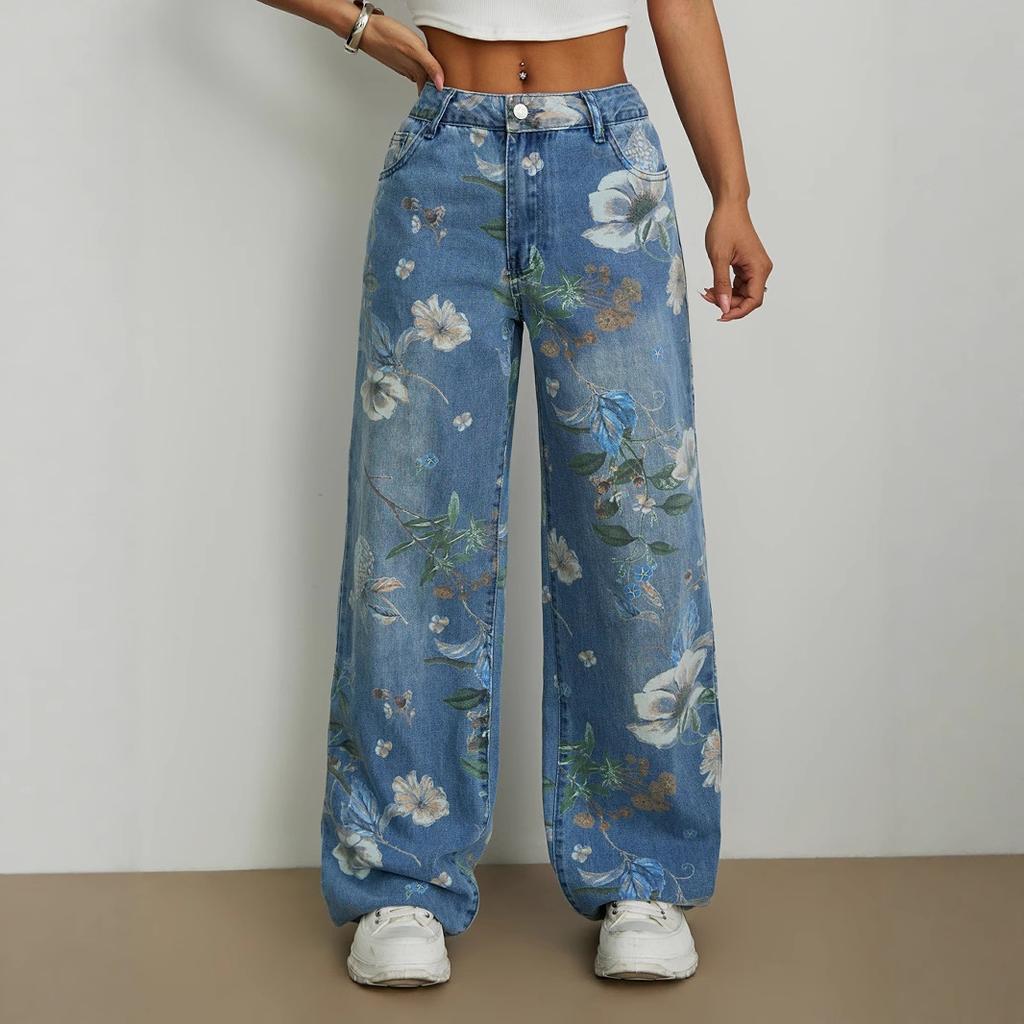 Women Floral Print High Waist Wide Leg Jeans Casual Loose Fit Denim Pants