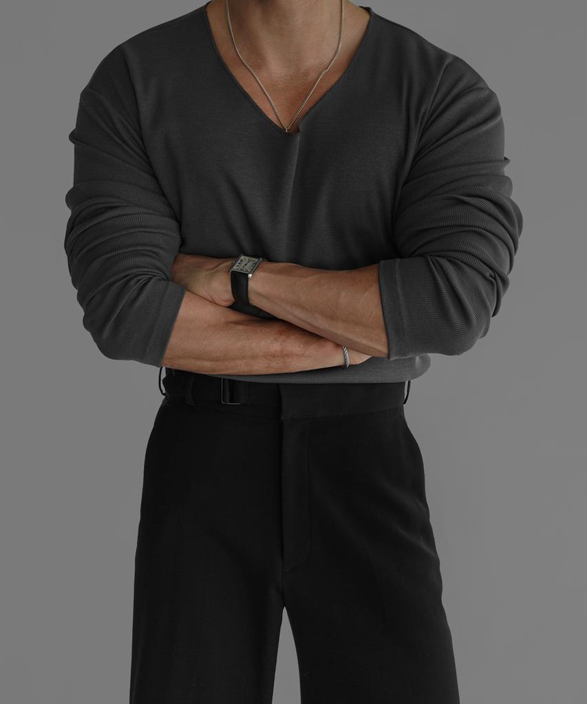 Baulopeulodeogteu Fine Ribbed V-Neck Long Sleeve Knit Tee [Charcoal]