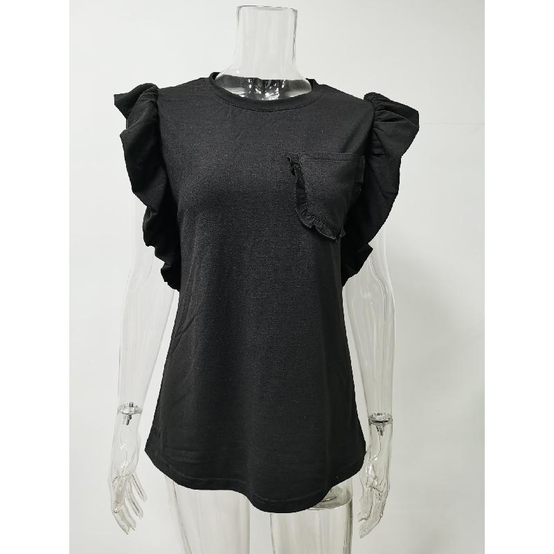 New 2026 Women's Round Neck Double Layer Ruffle Top Short Sleeve Casual T-Shirt