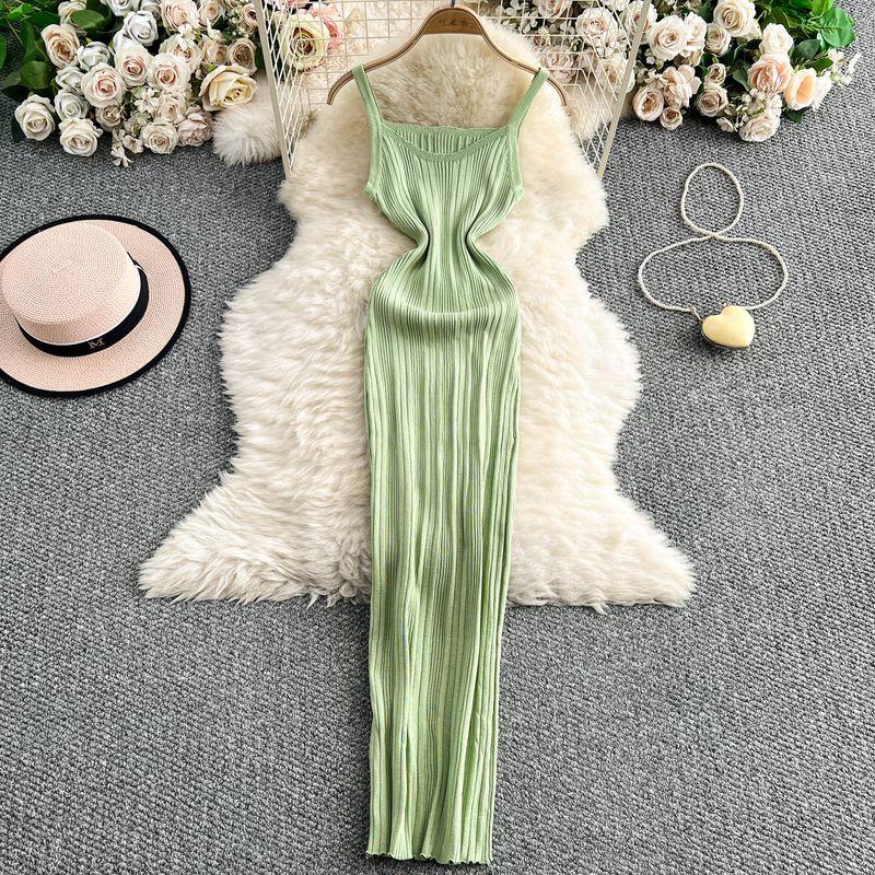 

2025 Summer New Fashion V-neck Knitted Sling One piece Dress Women clothing Elegant Tight Slimming Sheath Long Skirt Light green All yards