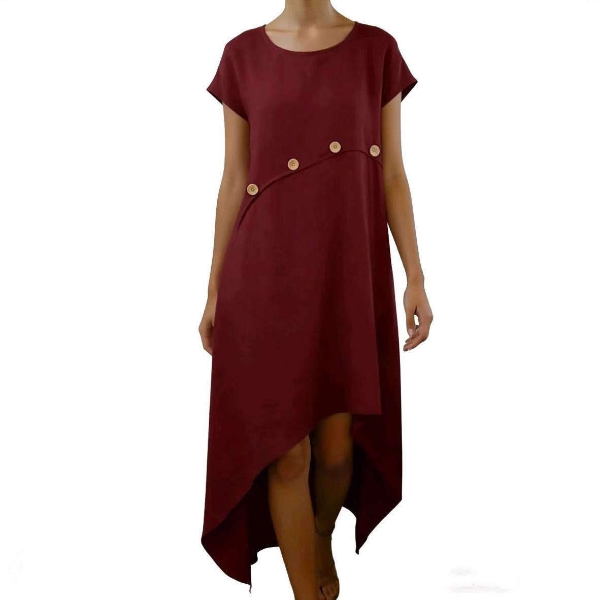 

women s Asymmetrical Hem Loose Fit Dress Casual Button Decor Midi Tunic Dress 5XL бордовий