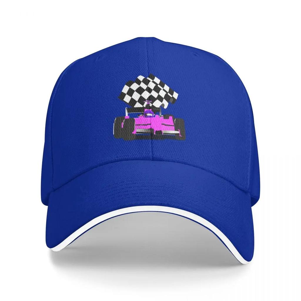 Pink Race Car with Checkered Flag Baseball Cap fashionable Bobble Hat Girl Mens