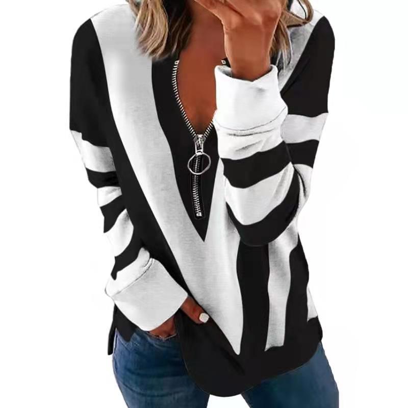 Women's Color Block Half Zip Long Sleeve Top Casual Printed V Neck Sweatshirt