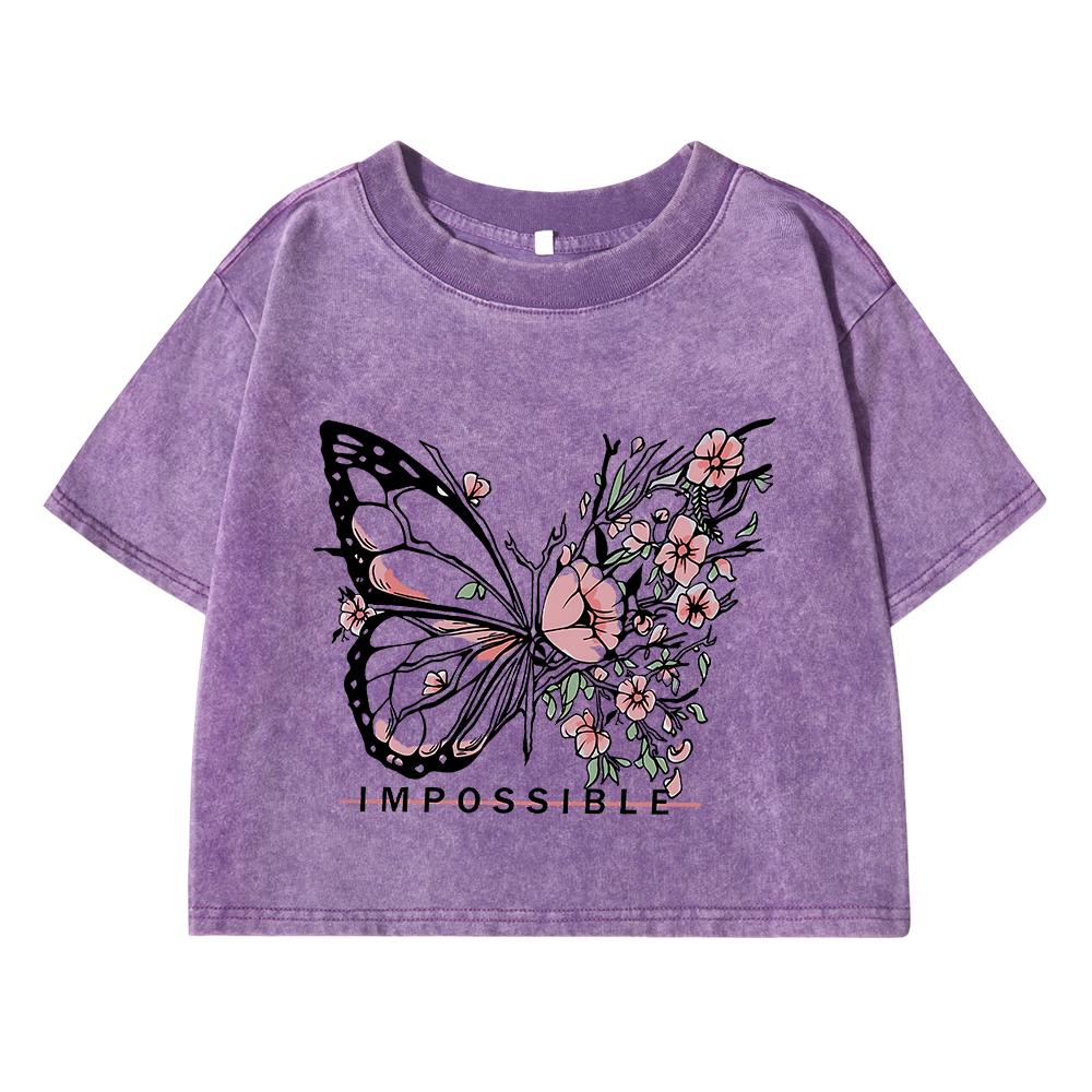 Women Cotton Washed T-Shirts Summer Distressed Regular Fit Crop Tops Rose Butterfly Impossible Letter Prints Clothes
