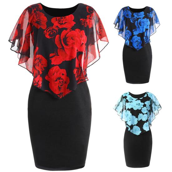 Plus Size Elegant Office Lady Rose Flower Print Cape Bodycon Knee Length Dress