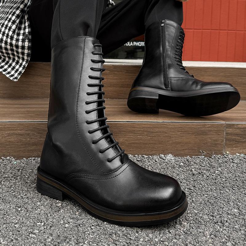 Men Fashion Stage Nigthclub High Knight Boots Lace-up Original Leather Shoes Cowboy Platform Boot Cool Long Motorcycle Botas Man