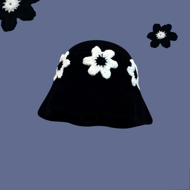 New fresh flower handmade knitted wool hat female sweet versatile face small bucket hat plain face