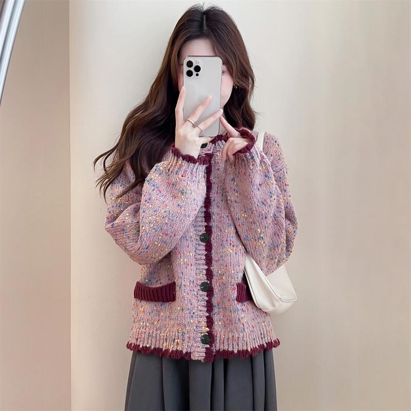 

TonLion 2025 Autumn French Style Color-block Knit Cardigan M