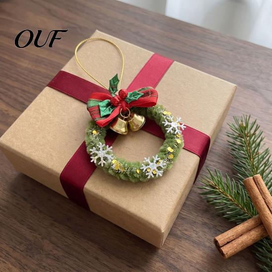 Small Fabric Decorations for Home Mini Christmas Wreath Ornament, Hanging Decoration with Plaid Bow And Reusable Holiday Ornaments Metal Bells,