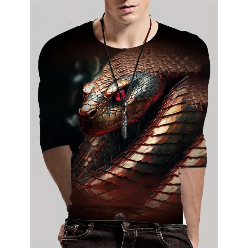 Round Neck 3D Snake Printed Top Casual Long Sleeved Men's T-shirts - Soft Medium Stretch Polyester Fabric Spring and Autumn Relaxed Fit Clothing
