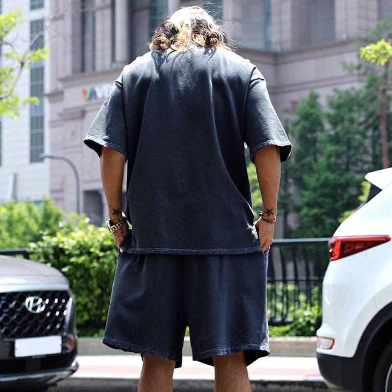 Sommer Herren Set Japanischer Stil Übergröße Lässig Locker Sportanzug Kurzarm T-Shirt Shorts Zweiteiler Herrenbekleidung