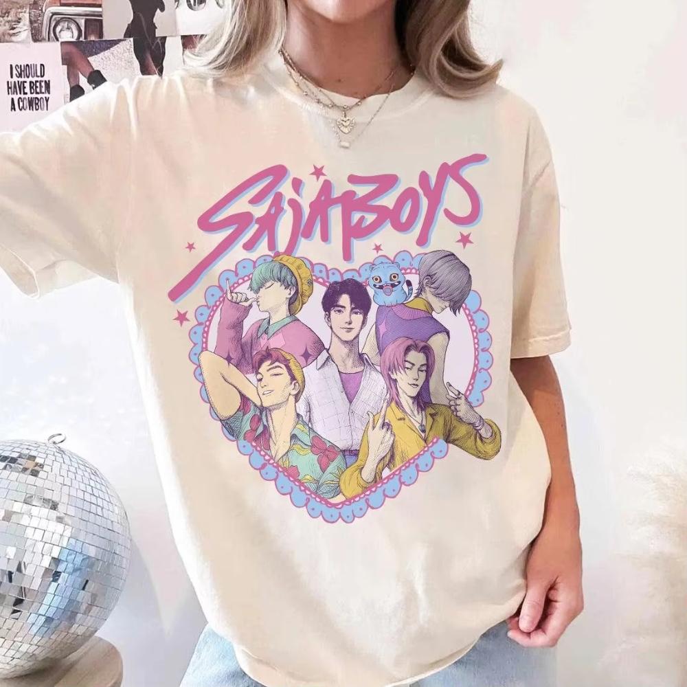 Retro SajaBoys Kpop Demon Hunters Female T-Shirt Kpop Boy Band Shirt Gift for Fans Graphic Short Sleeve Shirt Men Women Summer