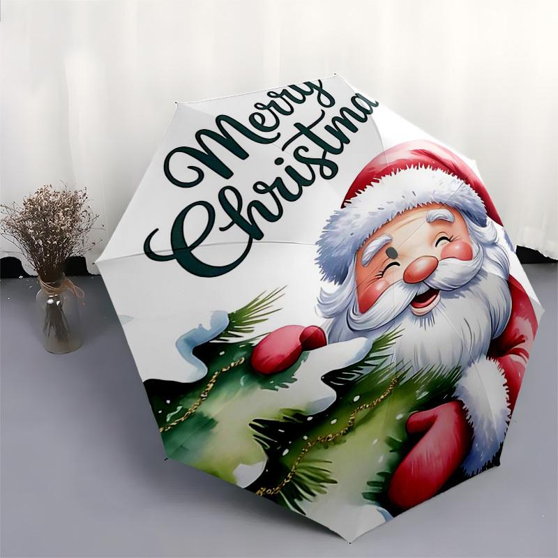 1 Stück Frohe Weihnachten! Festliches Nikolaus-Design Automatischer Faltregenschirm, Tragbares 3-fach faltbares Design, 8-Speichen-Eisenrahmen Outdoor-Regenschirm, Perfektes Geschenk für