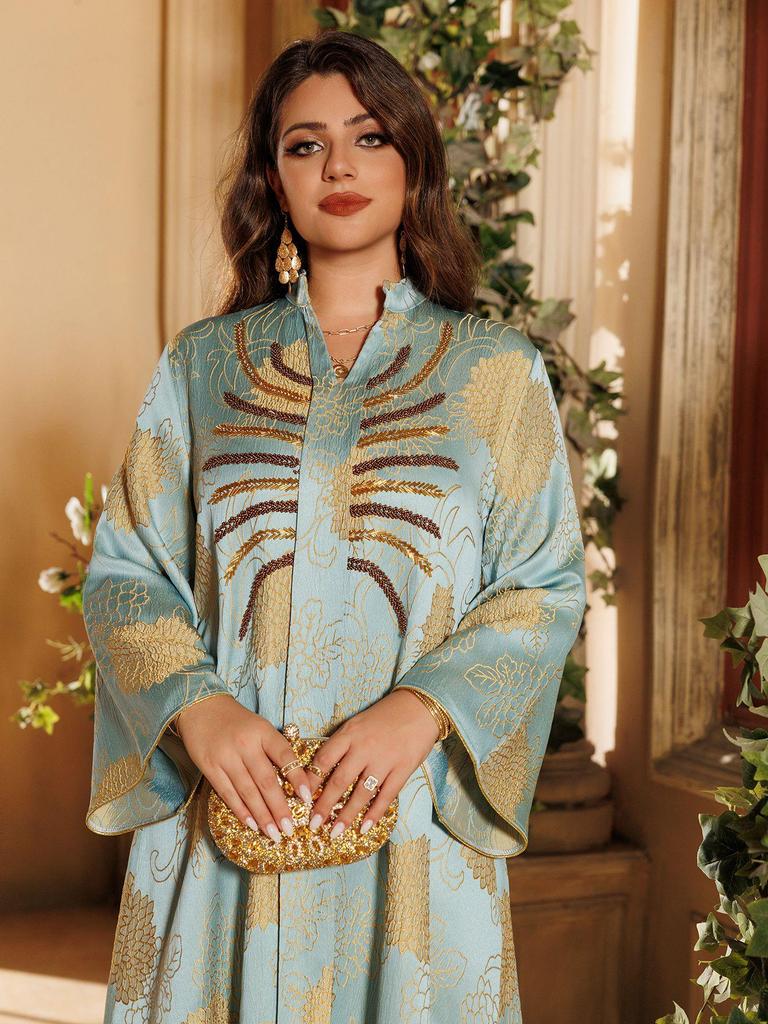 AB402 V-Neck Jacquard Beaded Dubai Dress - Women's Middle Eastern Muslim Robe