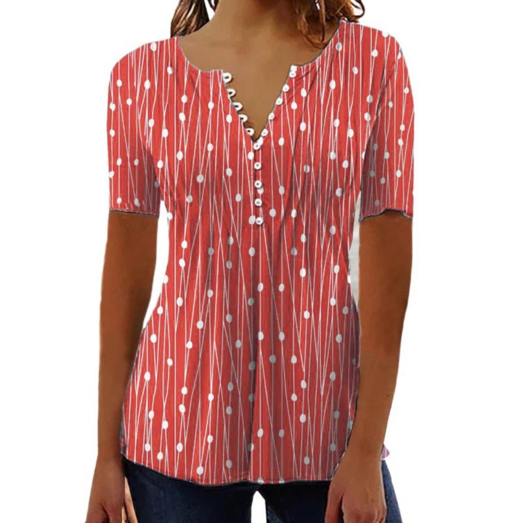 Spring Summer Women's V Neck Polka Dot Short Sleeve Shirt Casual Fashion Versatile Top for European American