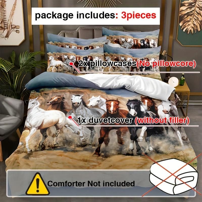 3pcs Horse Duvet Cover Set, 3D Print Wild Animal Horses Duvet Cover With Pillowcase, Soft Comfortable Breathable Bedding Set